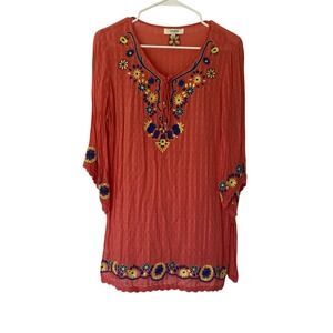 Umgee ‎ Tunic Top Womens L Coral Colorful Flower Embroidery Boho Hippie Lite